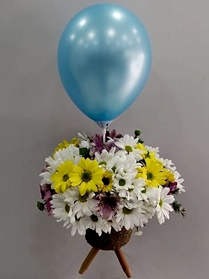 Ayaklı Vazoda Balonlu Erkek Bebek Çiçeği